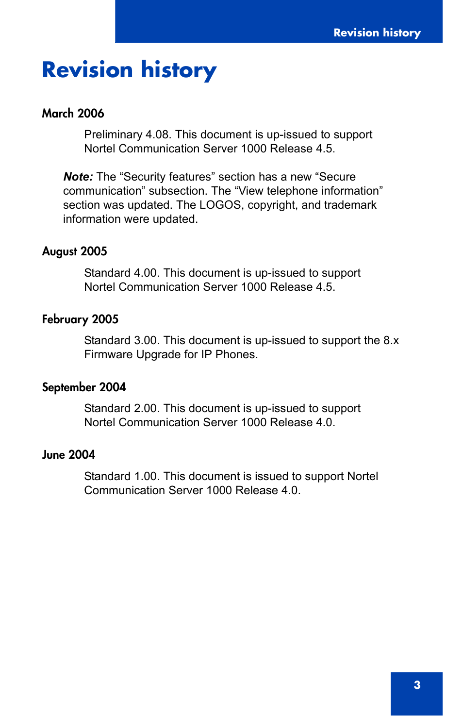 Revision history | Nortel Networks IP Phone 2001 User Manual | Page 3 / 88