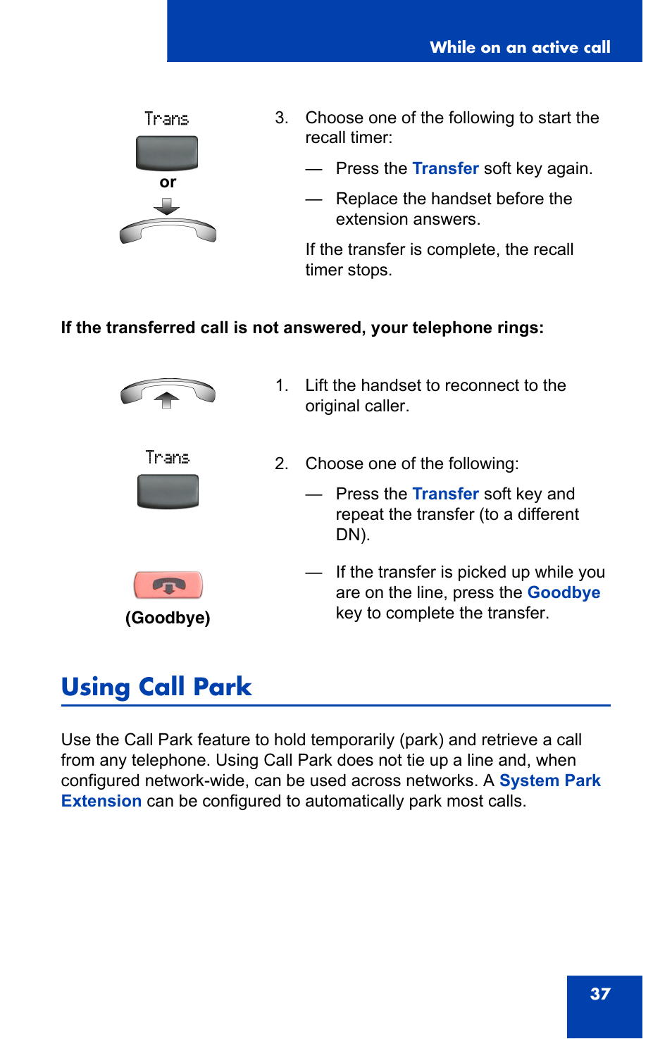 Using call park | Nortel Networks IP Phone 2001 User Manual | Page 37 / 88