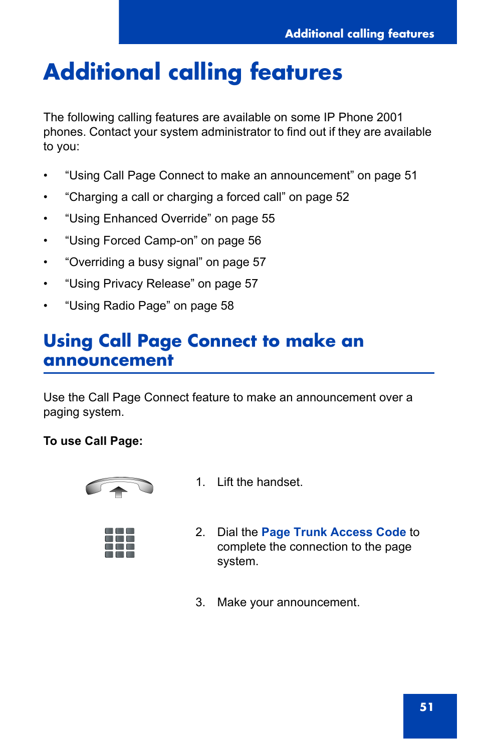 Additional calling features, Using call page connect to make an announcement | Nortel Networks IP Phone 2001 User Manual | Page 51 / 88