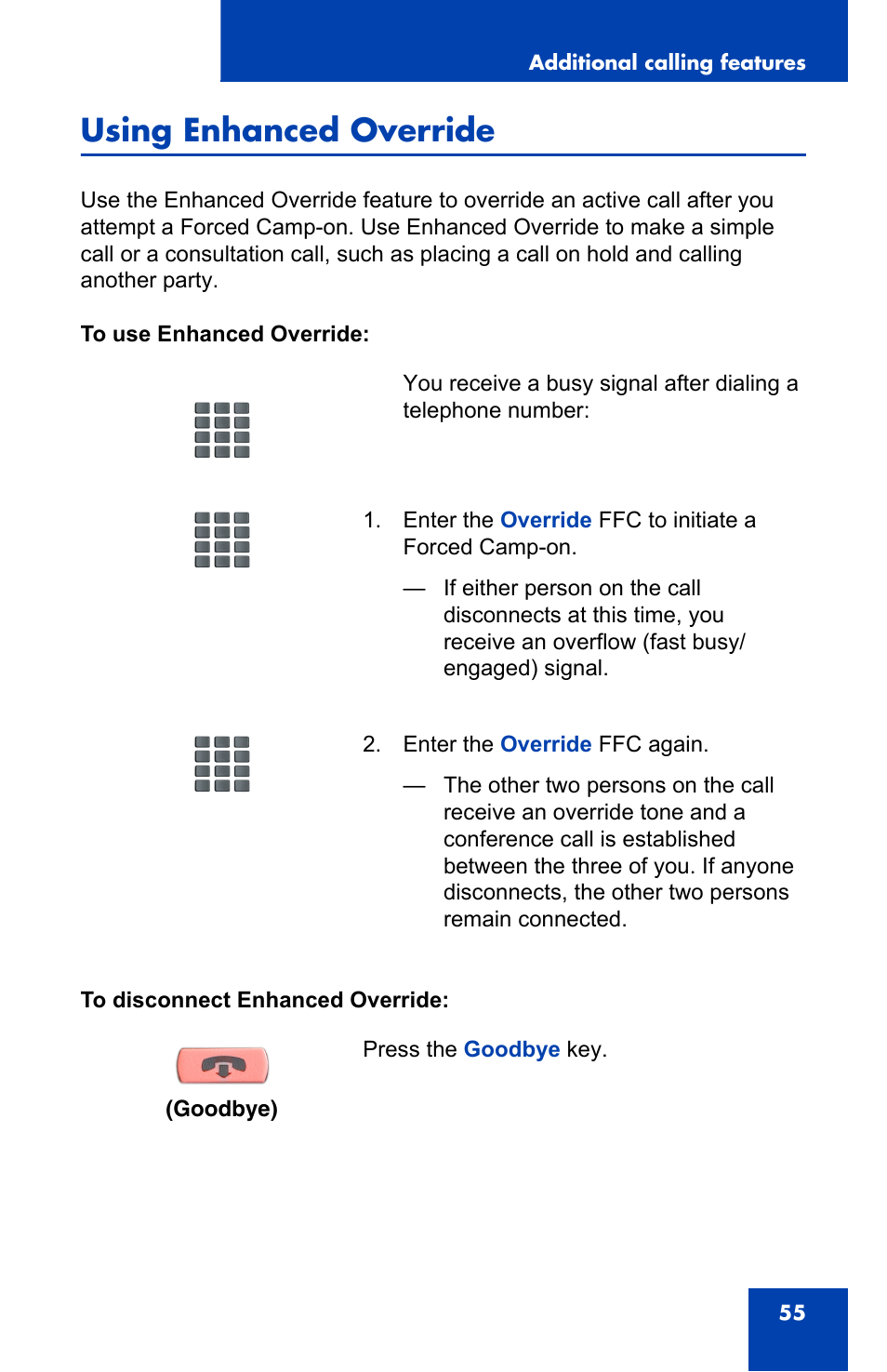 Using enhanced override | Nortel Networks IP Phone 2001 User Manual | Page 55 / 88