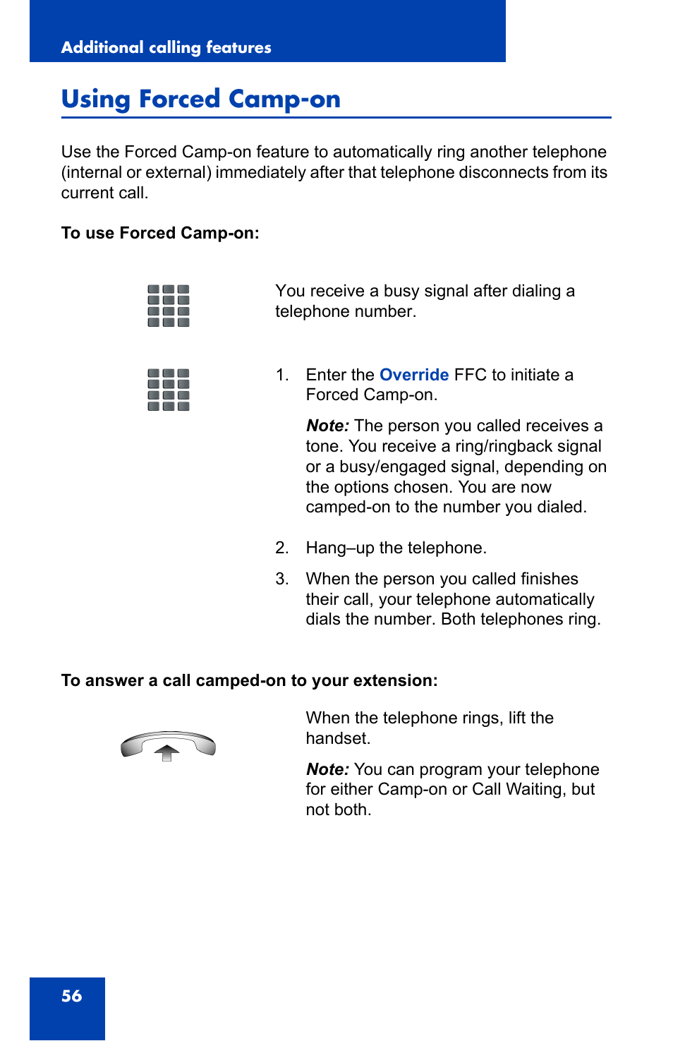 Using forced camp-on | Nortel Networks IP Phone 2001 User Manual | Page 56 / 88