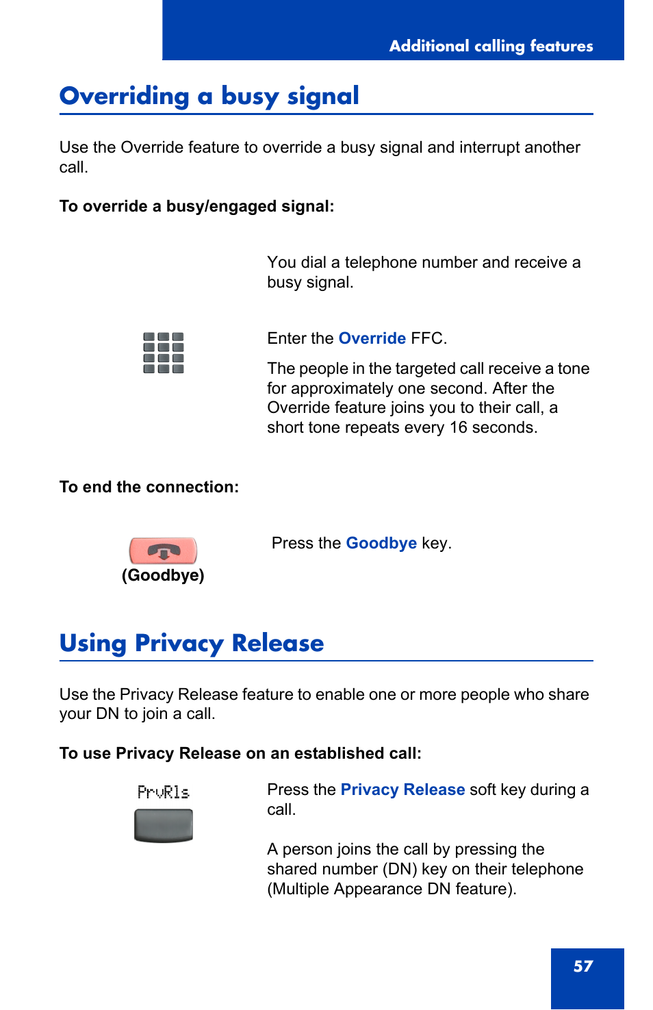 Overriding a busy signal, Using privacy release | Nortel Networks IP Phone 2001 User Manual | Page 57 / 88