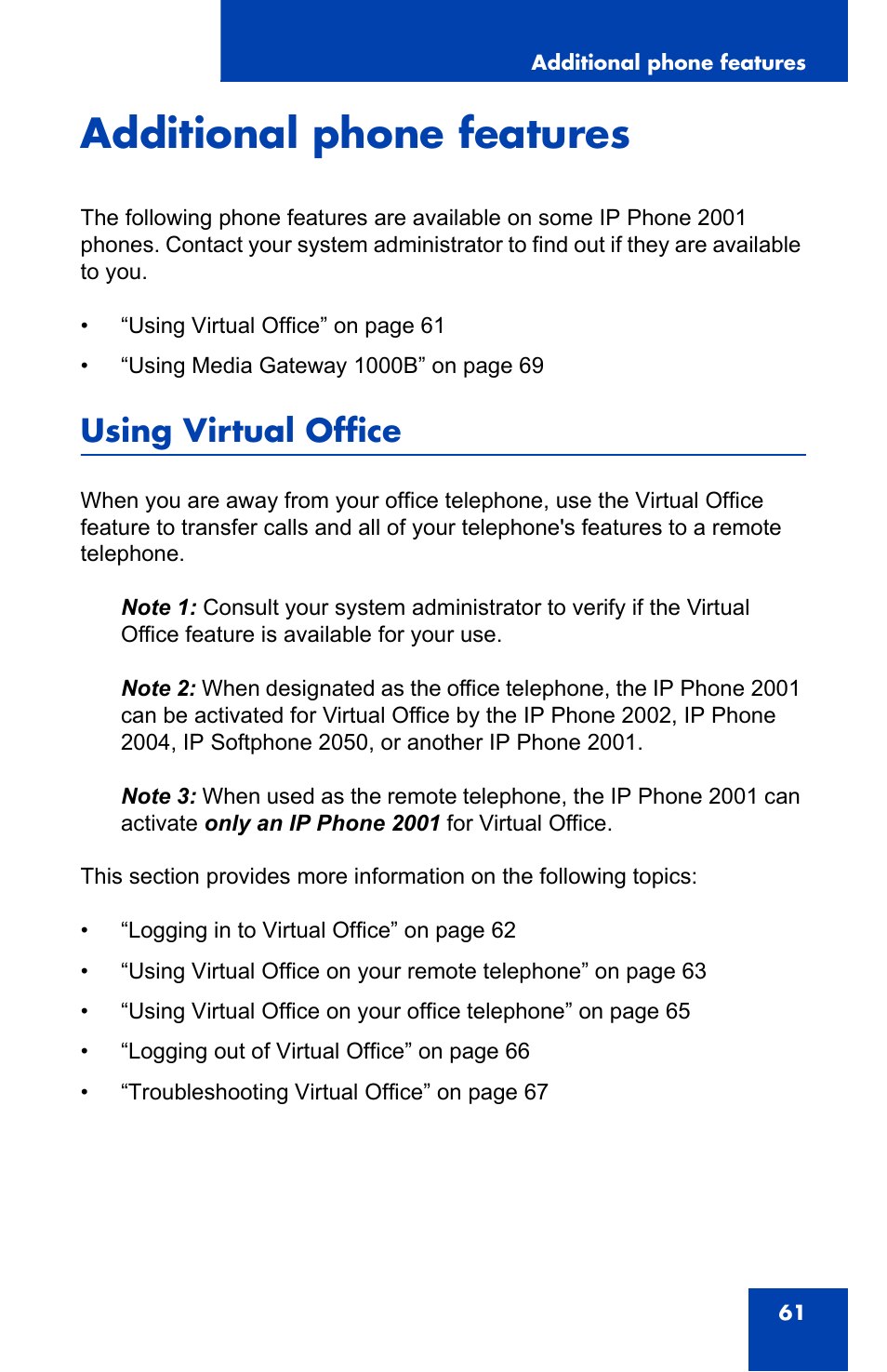 Additional phone features, Using virtual office | Nortel Networks IP Phone 2001 User Manual | Page 61 / 88