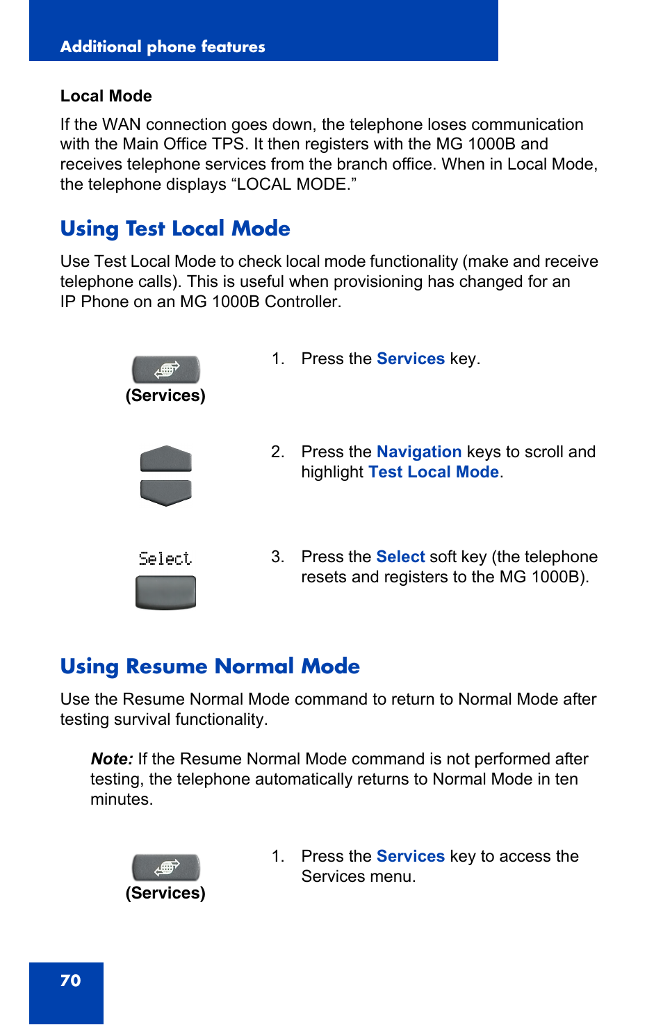 Using test local mode, Using resume normal mode, Using test local mode using resume normal mode | Nortel Networks IP Phone 2001 User Manual | Page 70 / 88