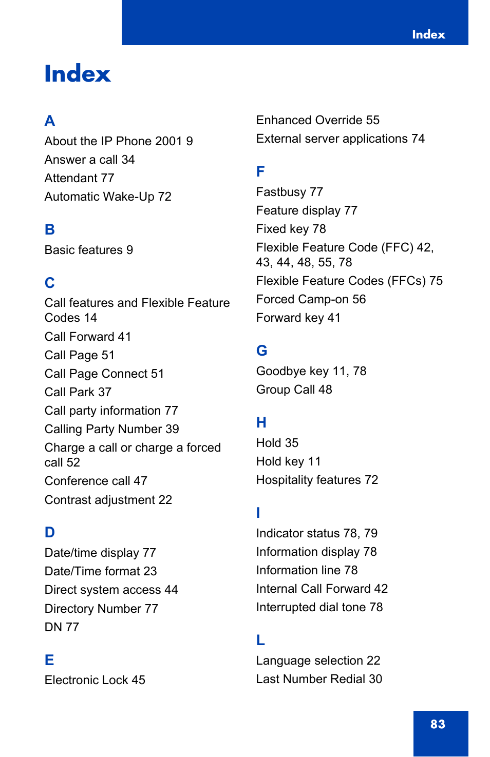 Index | Nortel Networks IP Phone 2001 User Manual | Page 83 / 88