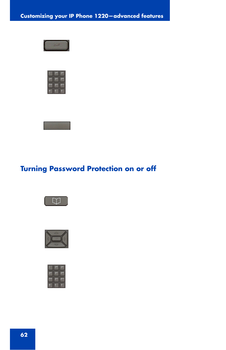 Turning password protection on or off | Nortel Networks Nortel IP Phone 1220 User Manual | Page 62 / 164