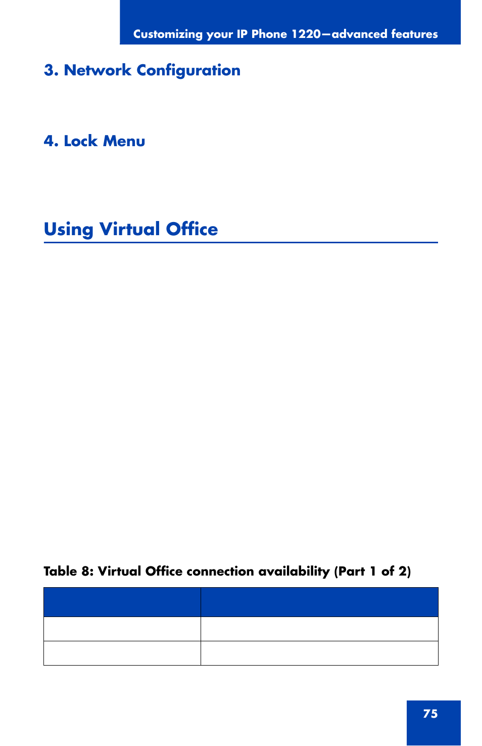 Using virtual office, Using, Network configuration | Lock menu | Nortel Networks Nortel IP Phone 1220 User Manual | Page 75 / 164