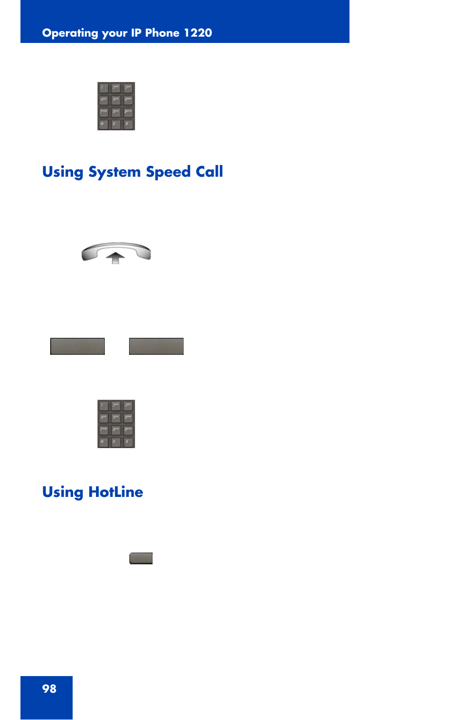 Using system speed call, Using hotline | Nortel Networks Nortel IP Phone 1220 User Manual | Page 98 / 164