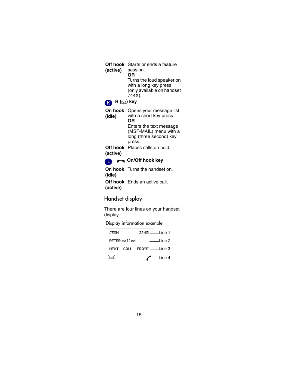 Handset display | Nortel Networks 743X User Manual | Page 15 / 52