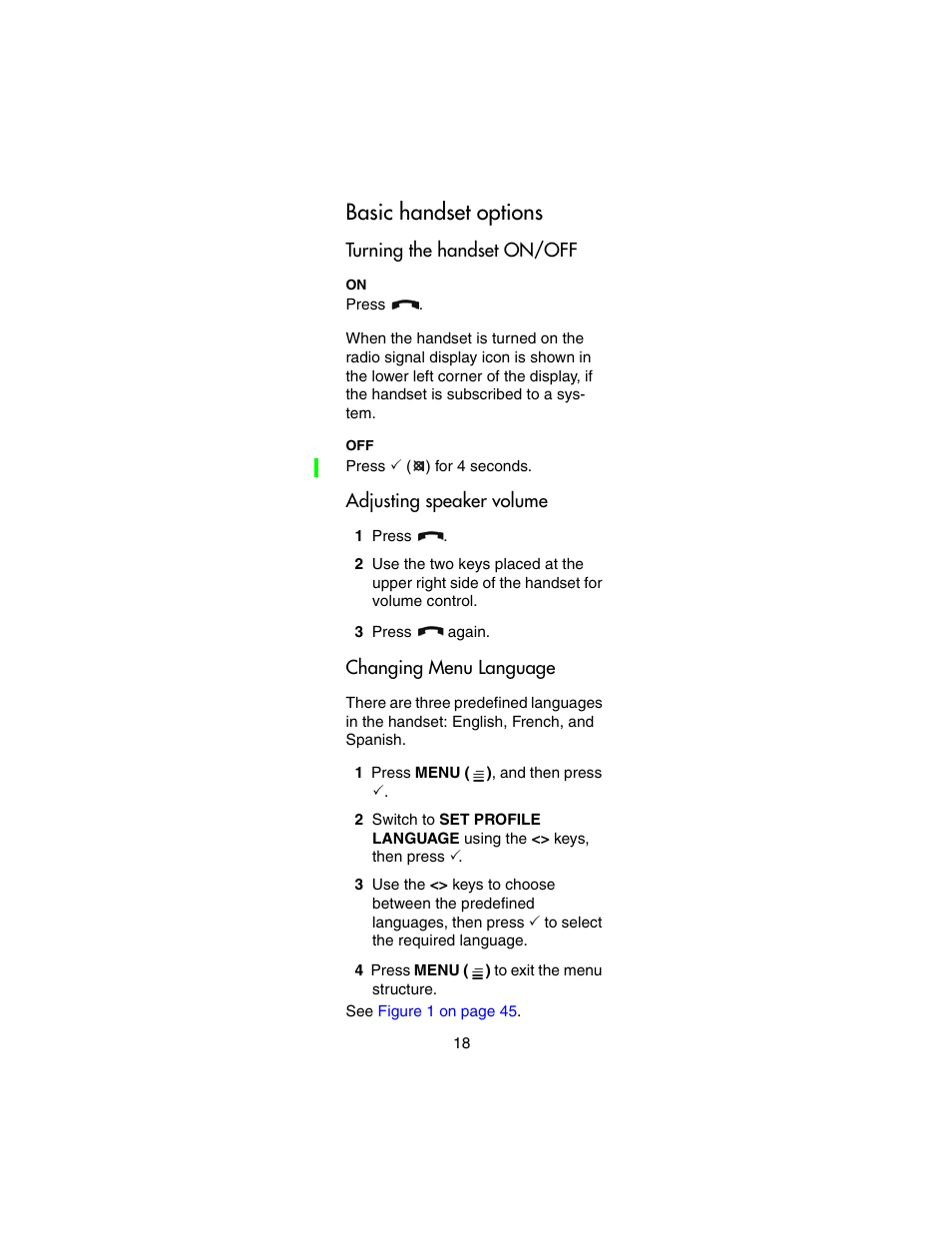 Basic handset options, Turning the handset on/off, Adjusting speaker volume | Changing menu language | Nortel Networks 743X User Manual | Page 18 / 52
