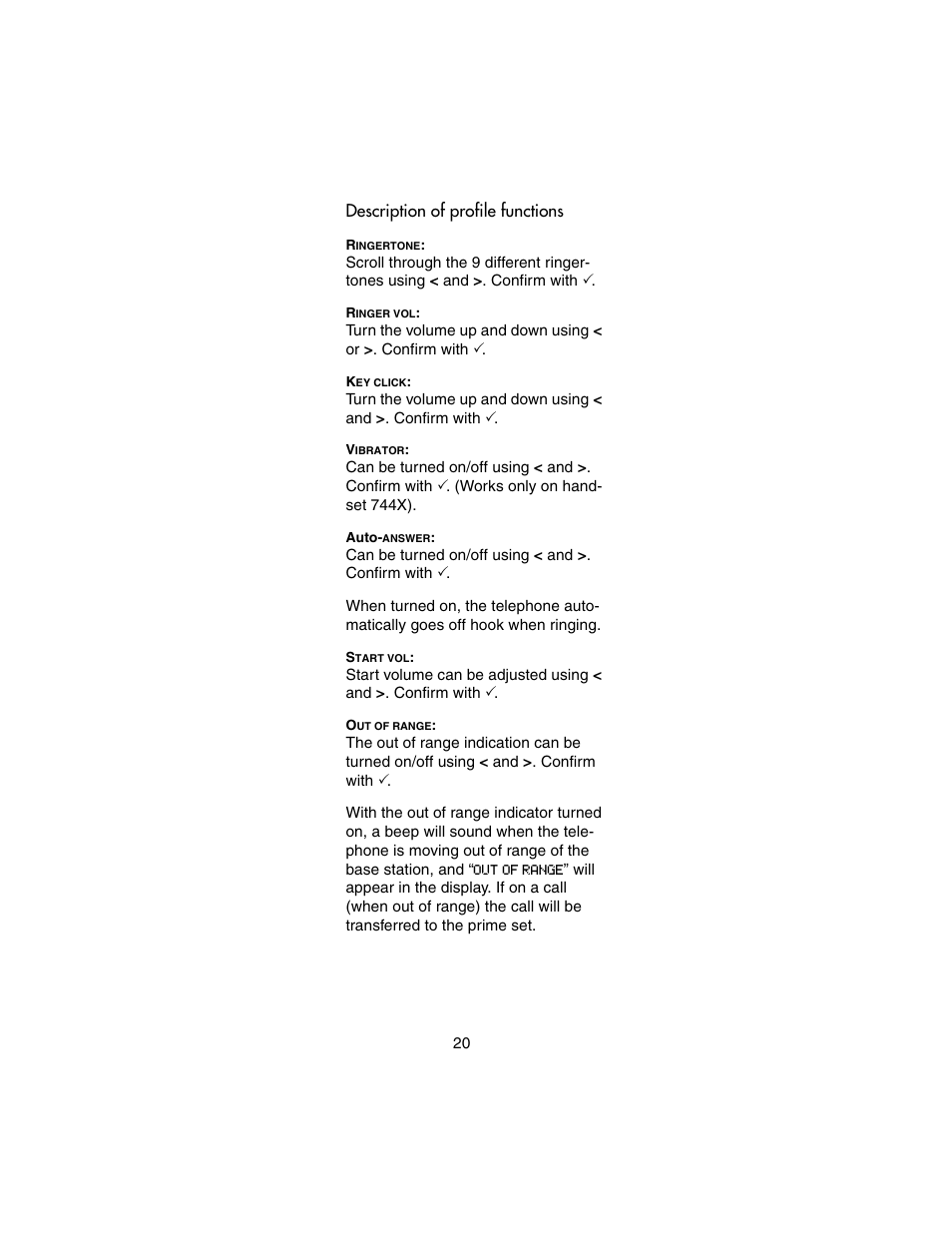 Description of profile functions | Nortel Networks 743X User Manual | Page 20 / 52