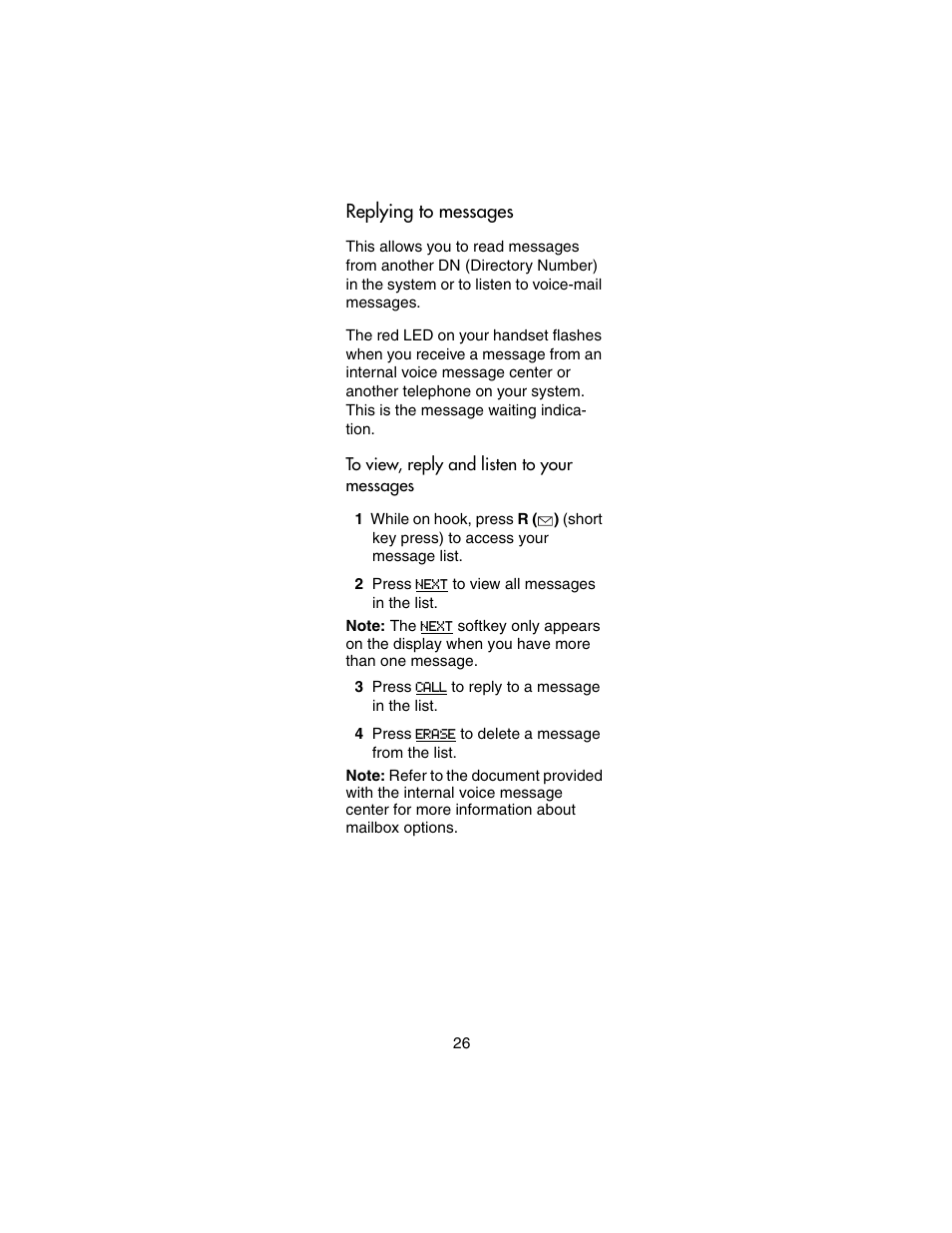 Replying to messages, To view, reply and listen to your messages | Nortel Networks 743X User Manual | Page 26 / 52