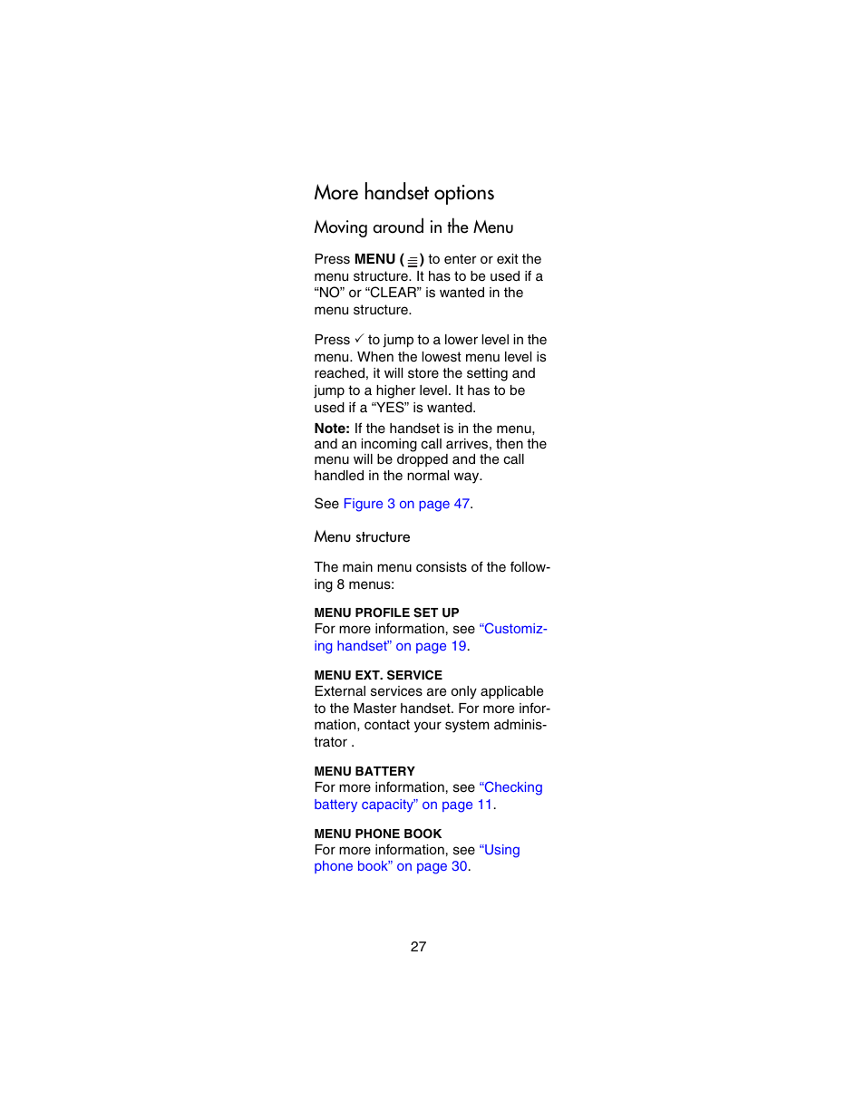 More handset options, Moving around in the menu, Menu structure | Nortel Networks 743X User Manual | Page 27 / 52