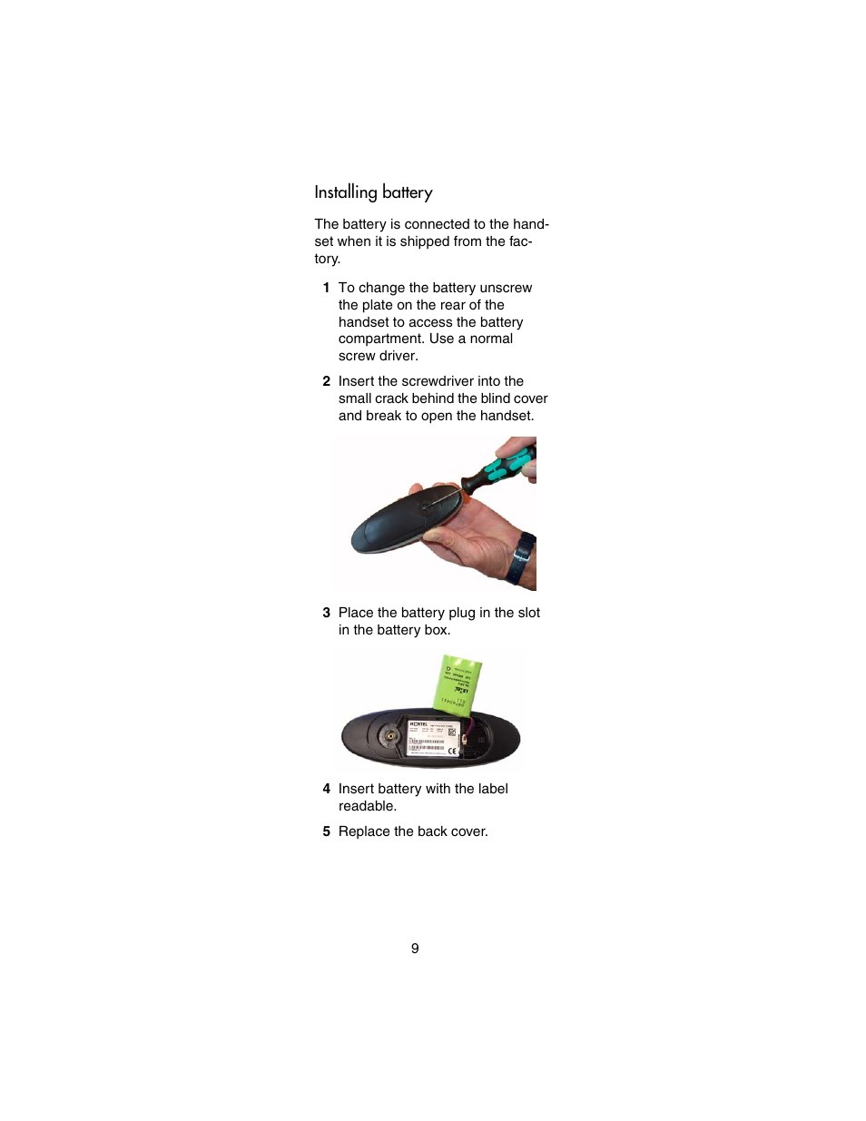 Installing battery | Nortel Networks 743X User Manual | Page 9 / 52