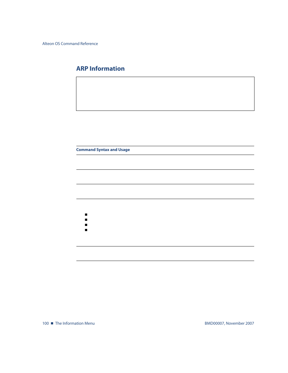 Arp information, Arp information 100, Info/l3/arp arp information | Nortel Networks ALTEON OS BMD00007 User Manual | Page 100 / 390