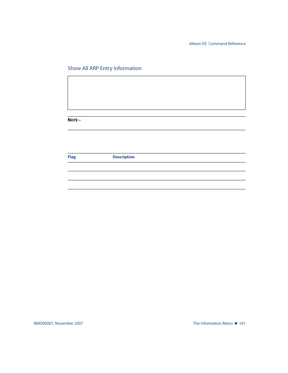 Show all arp entry information, Show all arp entry information 101, More information, see | Info/l3/arp/dump | Nortel Networks ALTEON OS BMD00007 User Manual | Page 101 / 390
