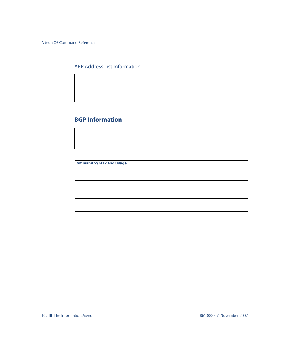 Arp address list information, Bgp information, Arp address list information 102 | Bgp information 102, Menu options, see, Info/l3/arp/addr, Info/l3/bgp bgp information | Nortel Networks ALTEON OS BMD00007 User Manual | Page 102 / 390