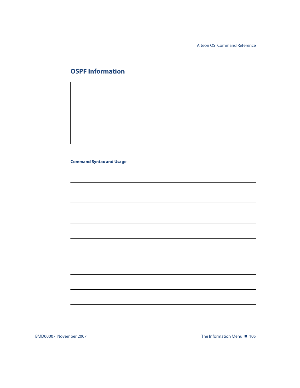 Ospf information, Ospf information 105, Info/l3/ospf ospf information | Nortel Networks ALTEON OS BMD00007 User Manual | Page 105 / 390