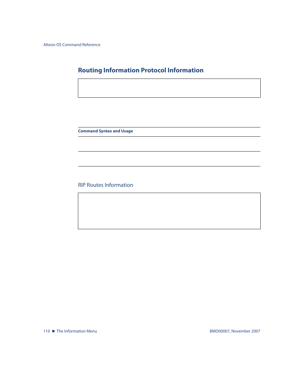 Routing information protocol information, Rip routes information, Routing information protocol information 110 | Rip routes information 110, Info/l3/rip/routes | Nortel Networks ALTEON OS BMD00007 User Manual | Page 110 / 390