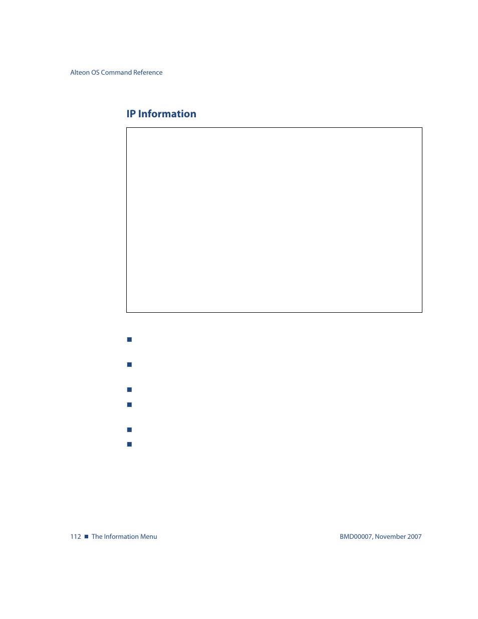 Ip information, Ip information 112, Info/l3/ip ip information | Nortel Networks ALTEON OS BMD00007 User Manual | Page 112 / 390
