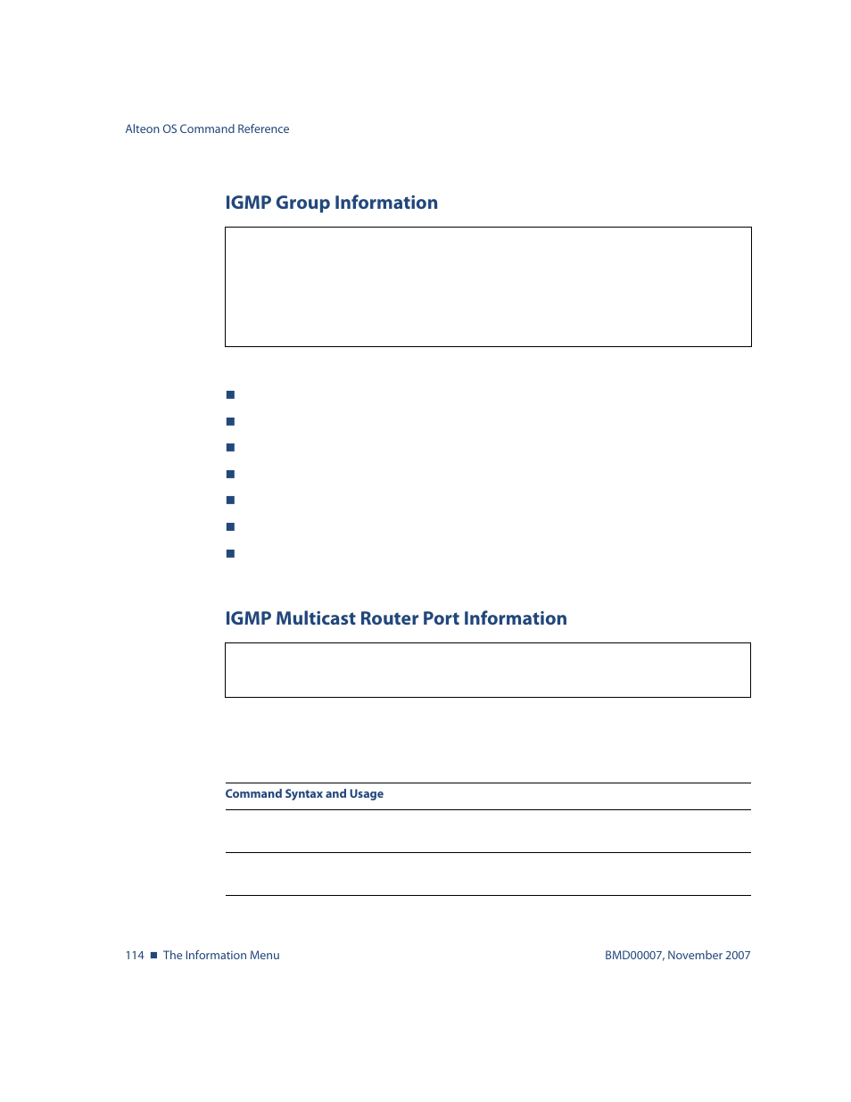 Igmp group information, Igmp multicast router port information, Info/l3/igmp/dump igmp group information | Nortel Networks ALTEON OS BMD00007 User Manual | Page 114 / 390