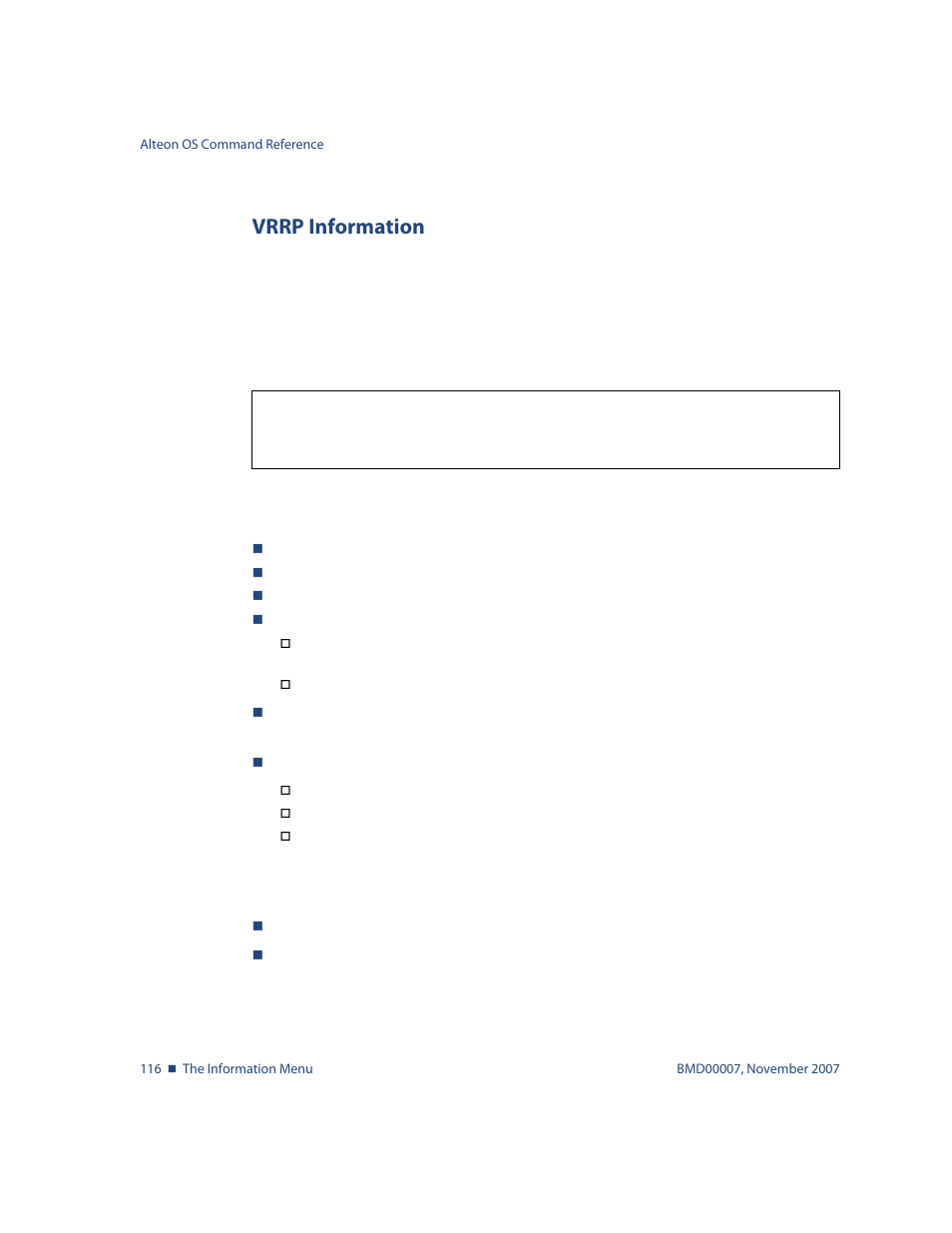Vrrp information, Vrrp information 116, Info/l3/vrrp vrrp information | Nortel Networks ALTEON OS BMD00007 User Manual | Page 116 / 390