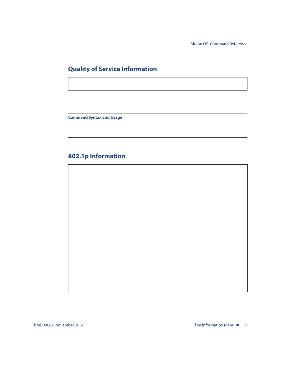 Quality of service information, 1p information, Quality of service information 117 | 1p information 117, Info/qos quality of service information | Nortel Networks ALTEON OS BMD00007 User Manual | Page 117 / 390