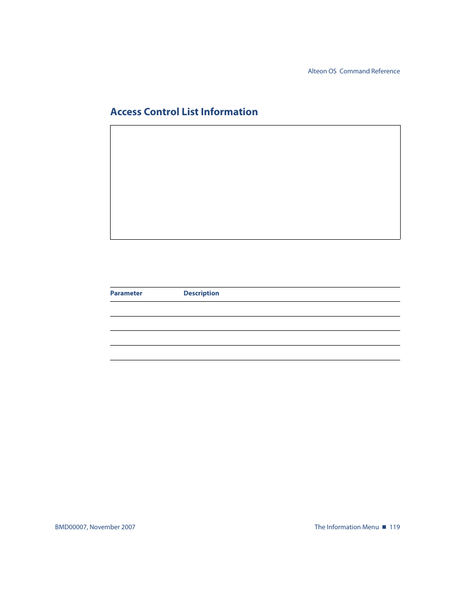 Access control list information, Access control list information 119, Info/acl access control list information | Nortel Networks ALTEON OS BMD00007 User Manual | Page 119 / 390