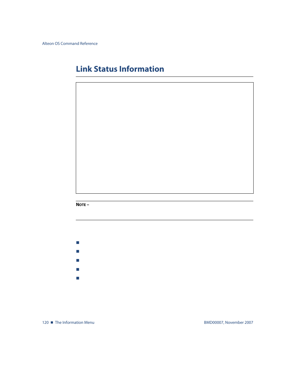 Link status information, Link status information 120, Info/link | Nortel Networks ALTEON OS BMD00007 User Manual | Page 120 / 390