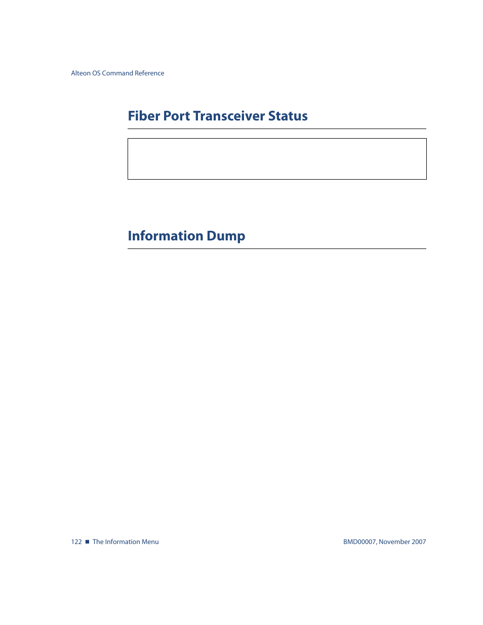 Fiber port transceiver status, Information dump, Info/transcvr | Info/dump | Nortel Networks ALTEON OS BMD00007 User Manual | Page 122 / 390