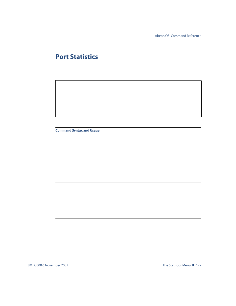 Port statistics, Port statistics 127, Stats/port <port alias or number | Nortel Networks ALTEON OS BMD00007 User Manual | Page 125 / 390