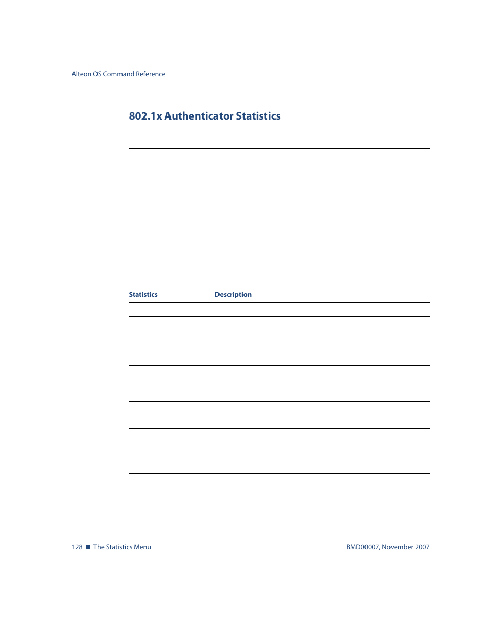 1x authenticator statistics, 1x authenticator statistics 128 | Nortel Networks ALTEON OS BMD00007 User Manual | Page 126 / 390