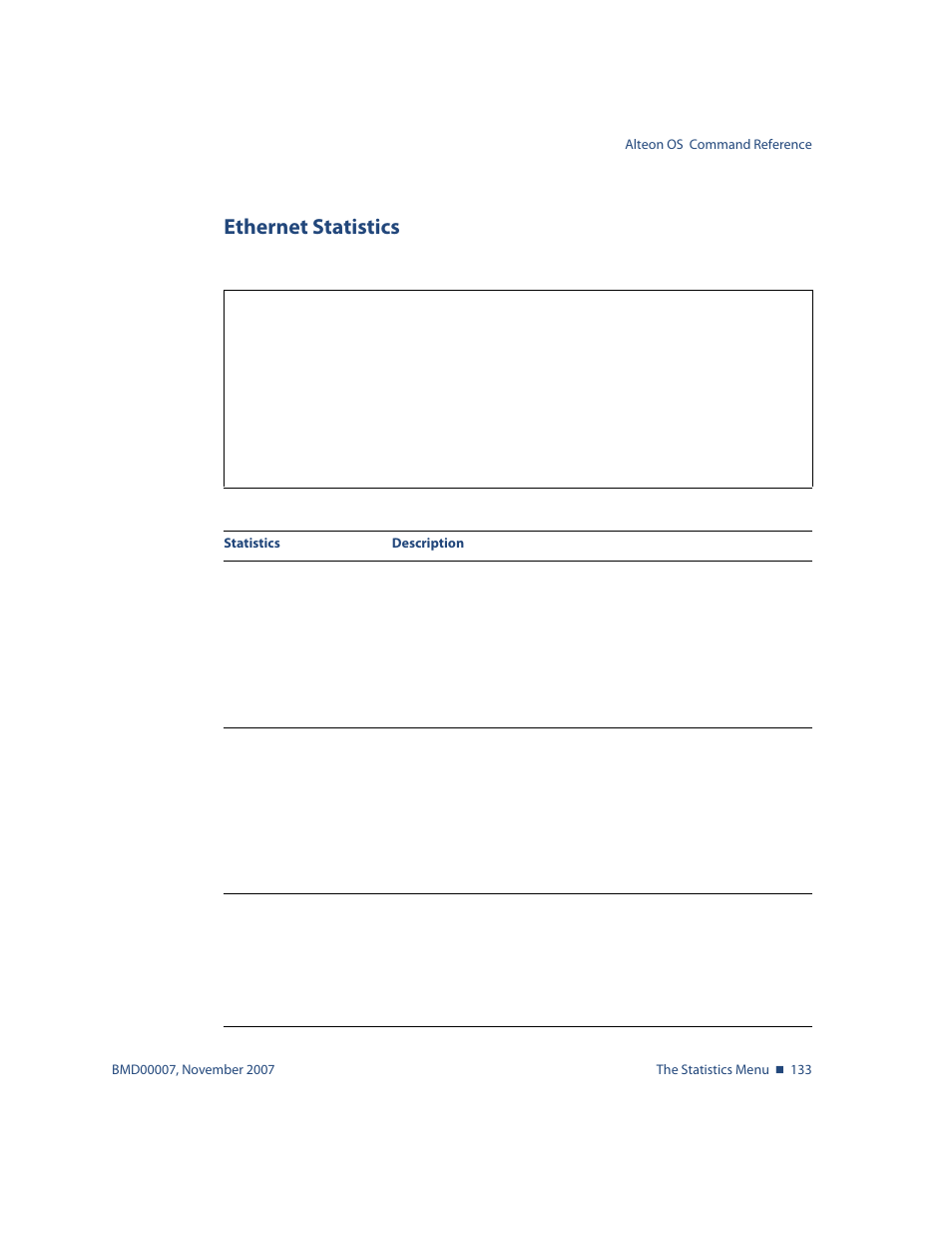 Ethernet statistics, Ethernet statistics 133 | Nortel Networks ALTEON OS BMD00007 User Manual | Page 131 / 390