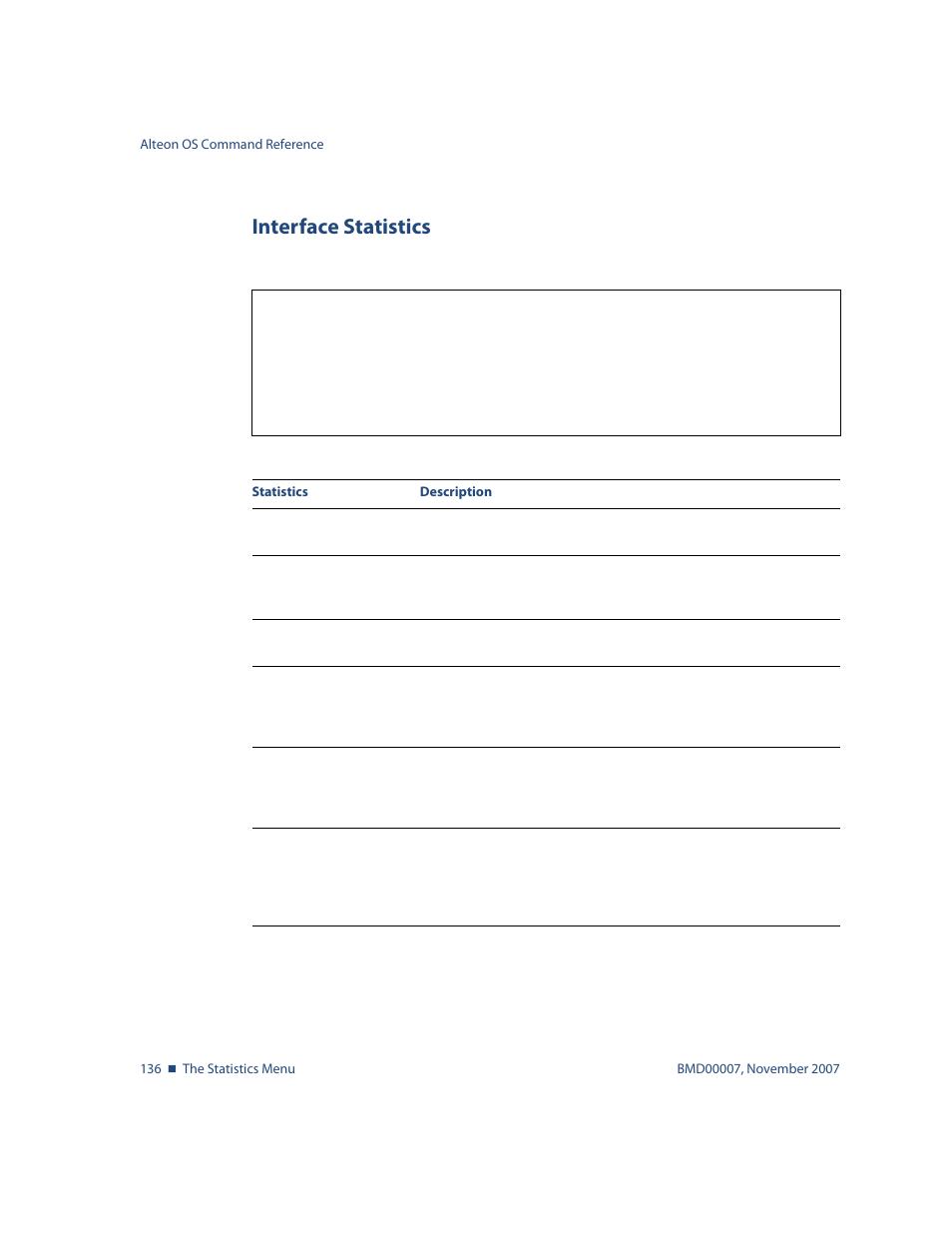 Interface statistics, Interface statistics 136 | Nortel Networks ALTEON OS BMD00007 User Manual | Page 134 / 390