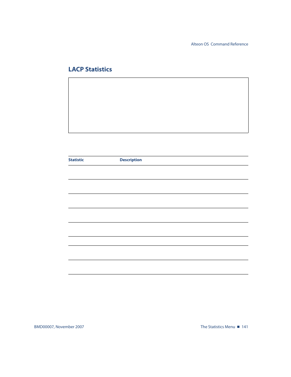 Lacp statistics, Lacp statistics 141 | Nortel Networks ALTEON OS BMD00007 User Manual | Page 139 / 390