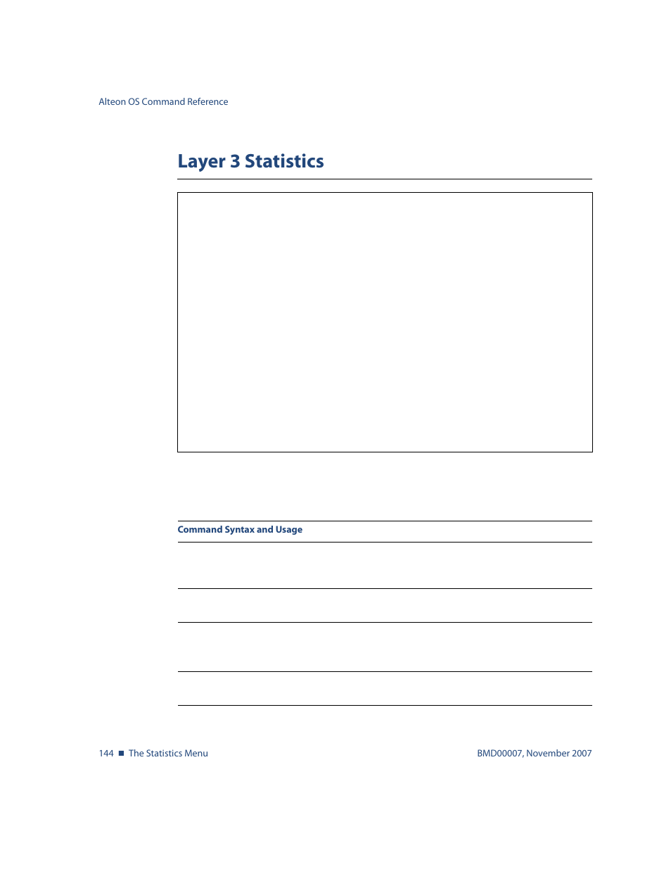 Layer 3 statistics, Layer 3 statistics 144, Stats/l3 | Nortel Networks ALTEON OS BMD00007 User Manual | Page 142 / 390