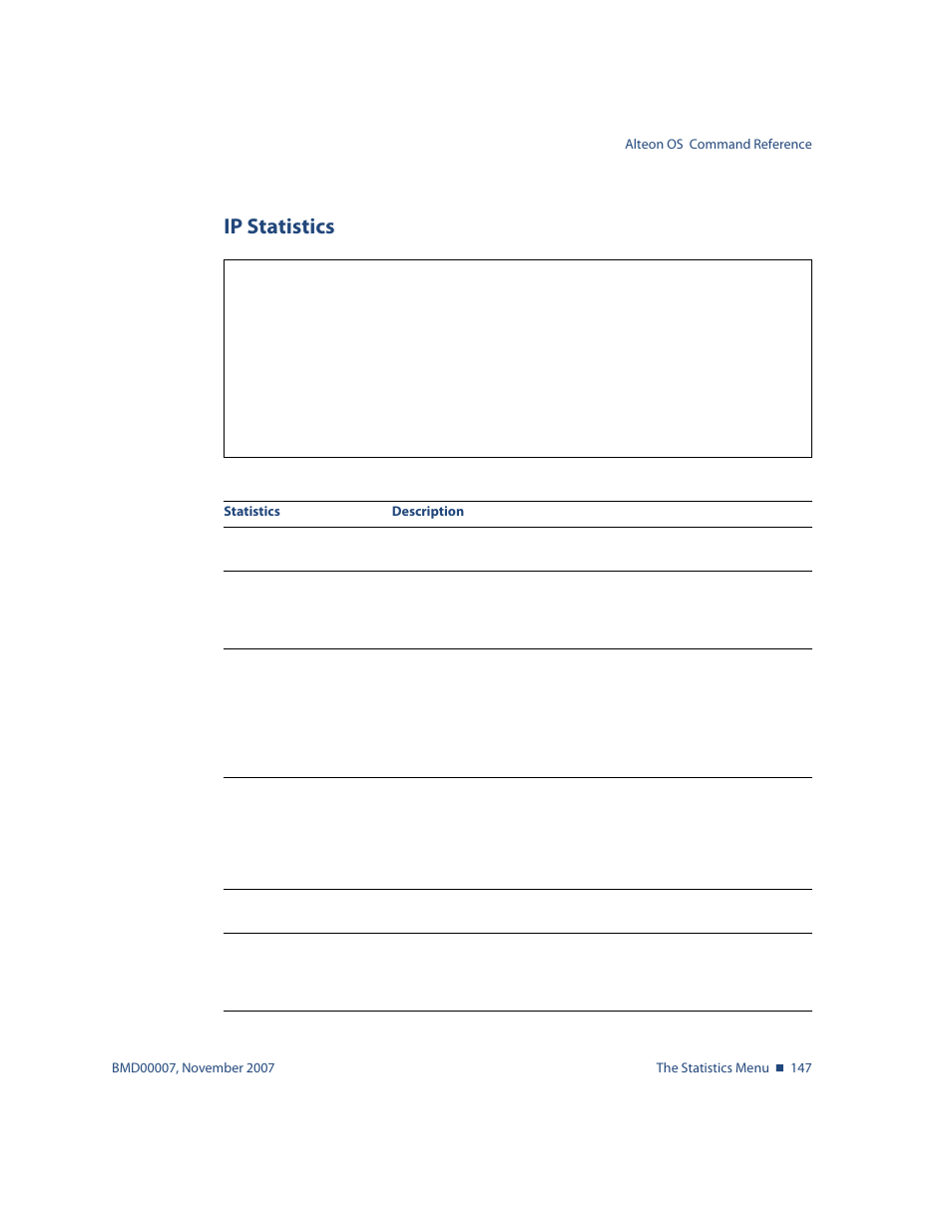 Ip statistics, Ip statistics 147, Stats/l3/ip ip statistics | Nortel Networks ALTEON OS BMD00007 User Manual | Page 145 / 390