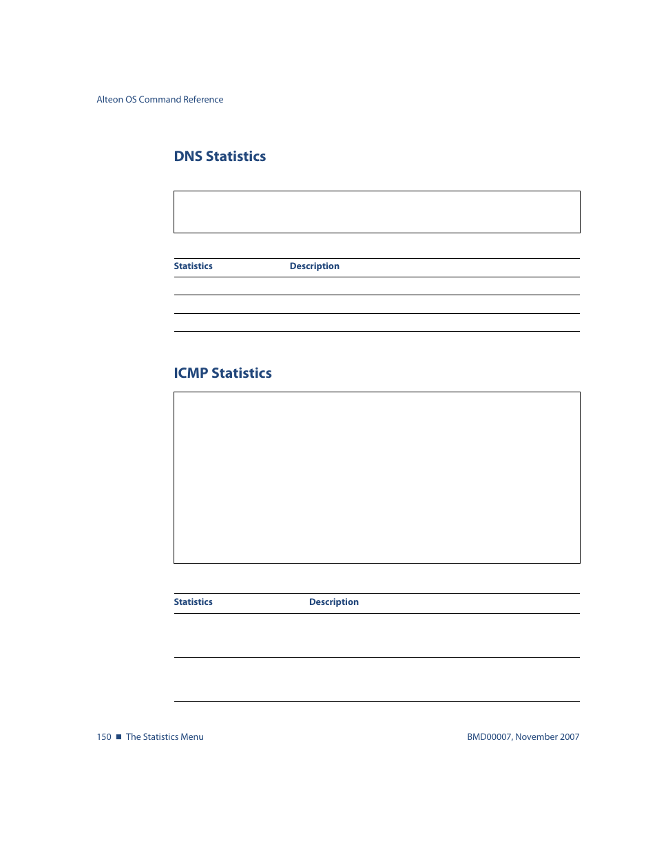 Dns statistics, Icmp statistics, Dns statistics 150 icmp statistics 150 | For sample output, Stats/l3/dns [clear] dns statistics, Stats/l3/icmp [clear] icmp statistics | Nortel Networks ALTEON OS BMD00007 User Manual | Page 148 / 390