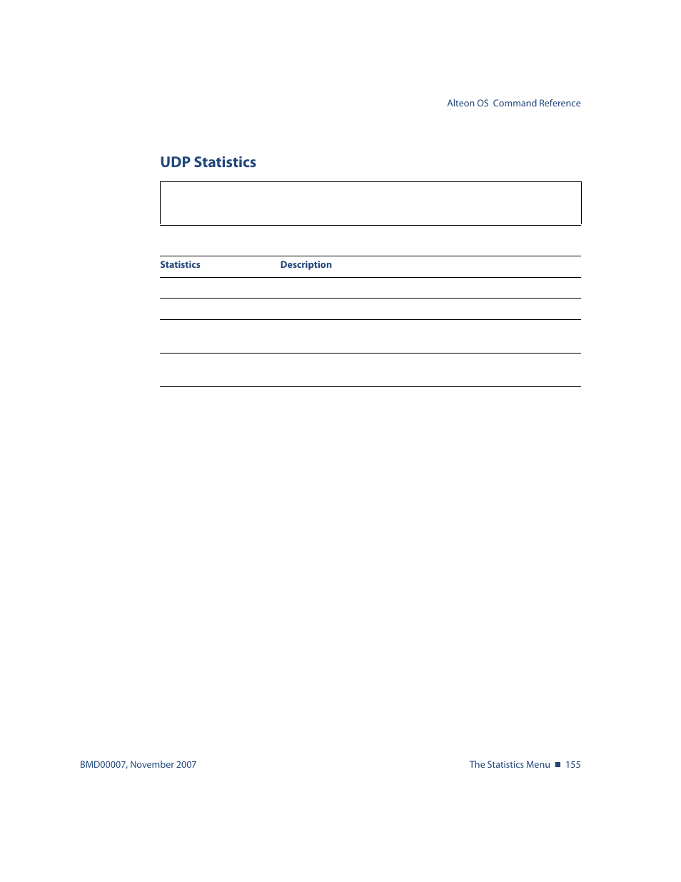 Udp statistics, Udp statistics 155, Stats/l3/udp [clear] udp statistics | Nortel Networks ALTEON OS BMD00007 User Manual | Page 153 / 390