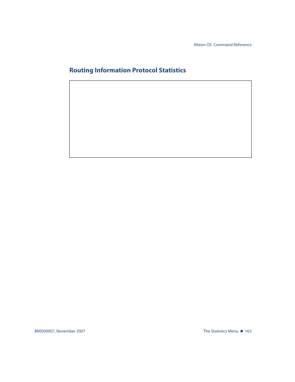 Routing information protocol statistics, Routing information protocol statistics 163, For sample output | Nortel Networks ALTEON OS BMD00007 User Manual | Page 161 / 390