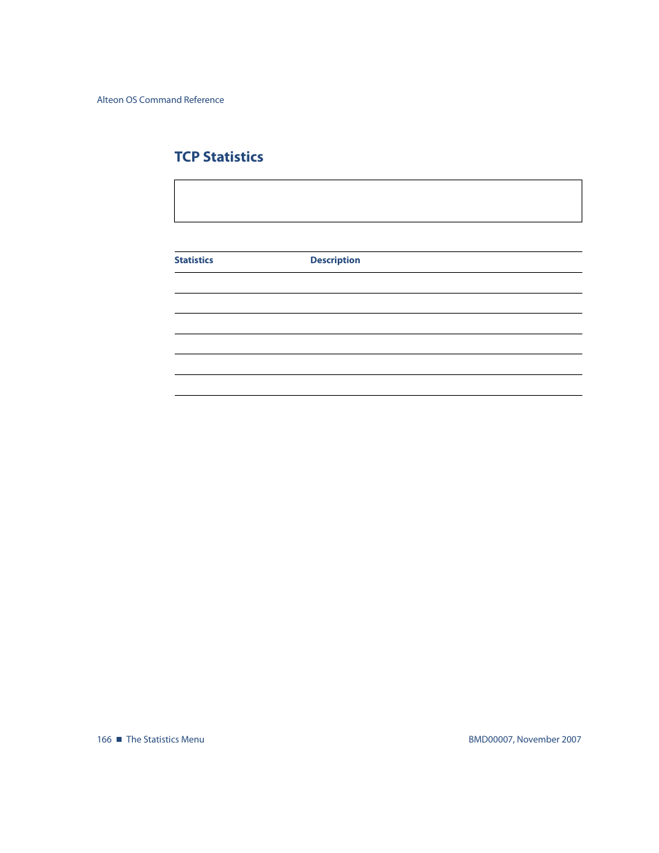 Tcp statistics, Tcp statistics 166, Stats/mp/tcb tcp statistics | Nortel Networks ALTEON OS BMD00007 User Manual | Page 164 / 390