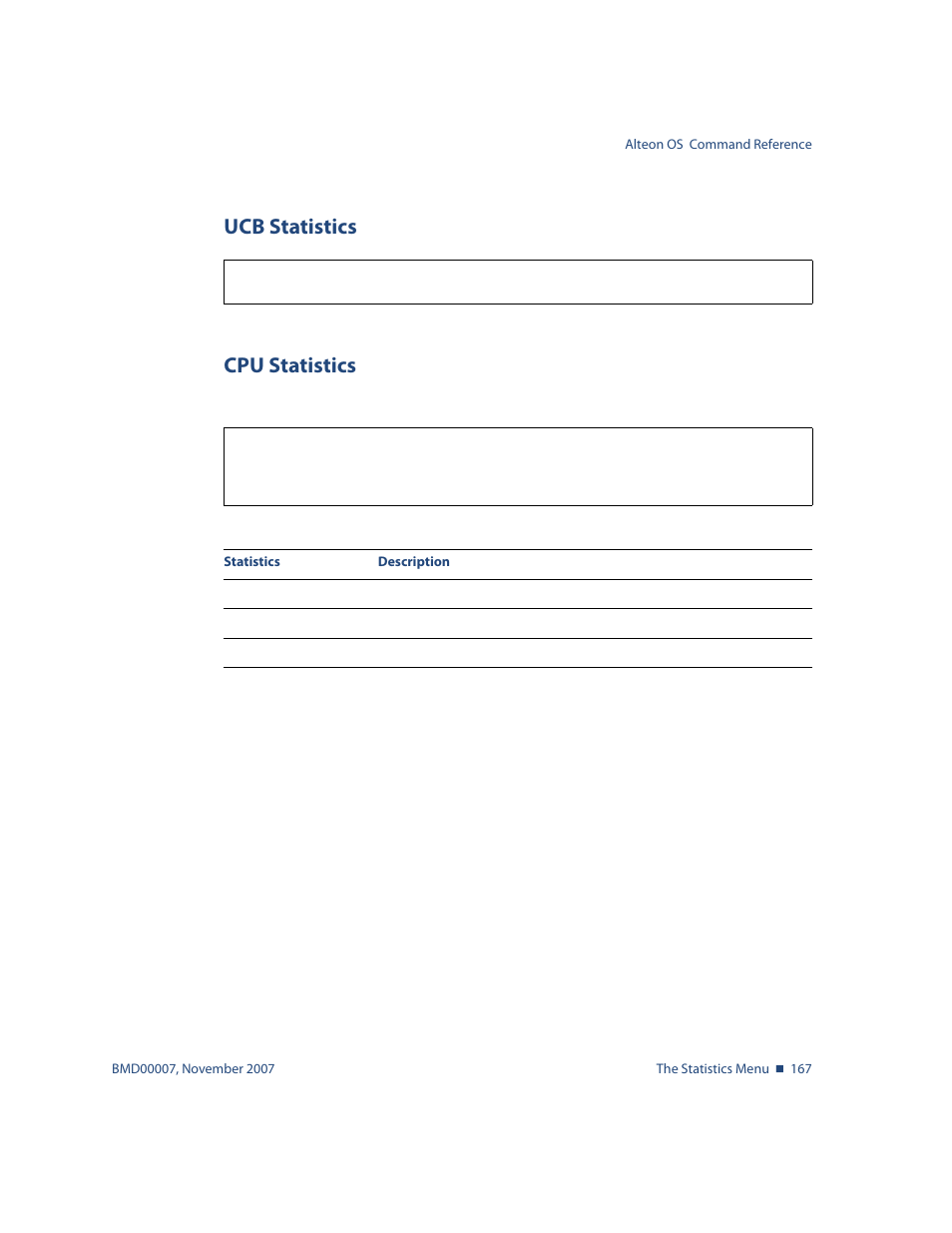 Ucb statistics, Cpu statistics, Ucb statistics 167 cpu statistics 167 | Stats, see | Nortel Networks ALTEON OS BMD00007 User Manual | Page 165 / 390