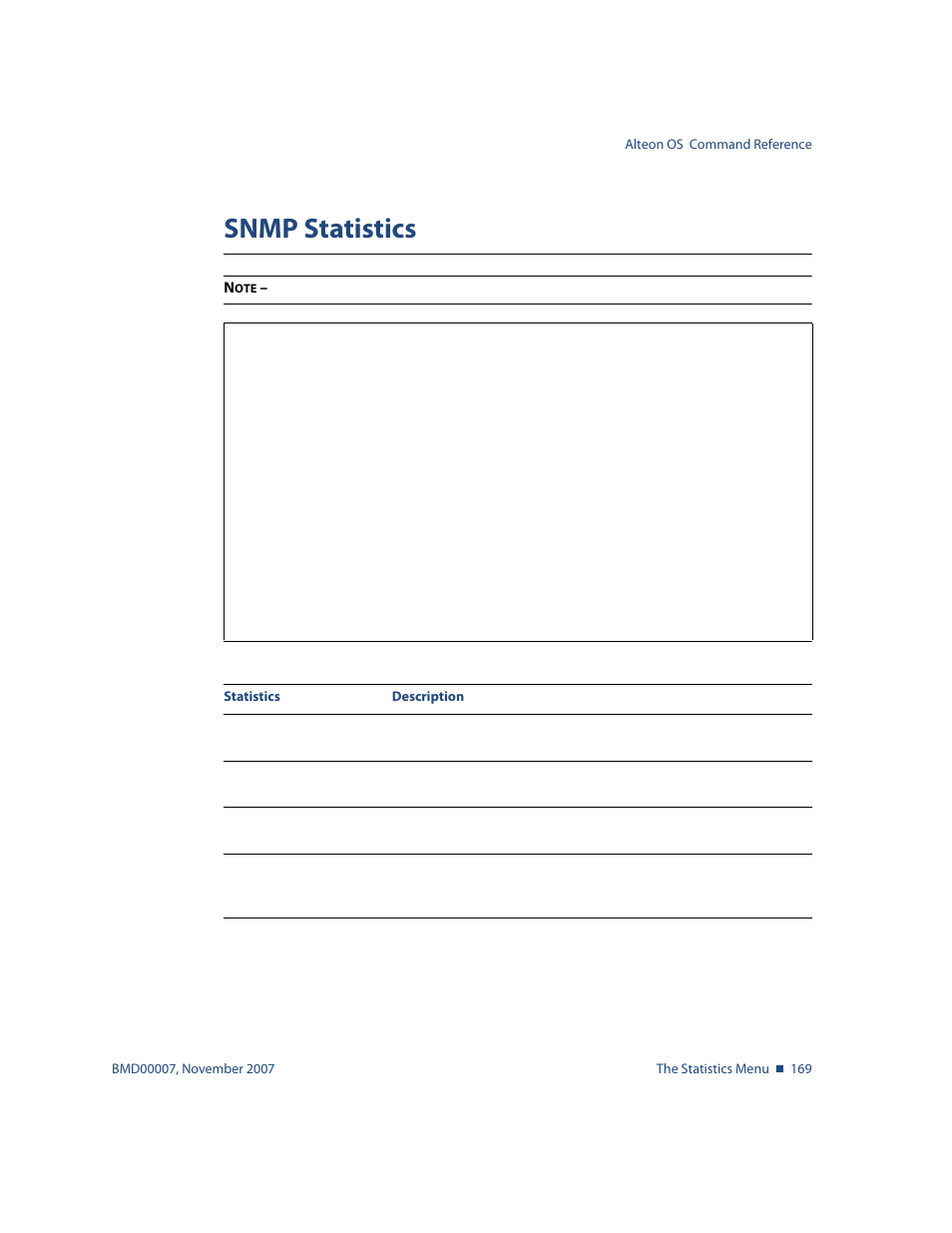 Snmp statistics, Snmp statistics 169, For sample output | Stats/snmp | Nortel Networks ALTEON OS BMD00007 User Manual | Page 167 / 390