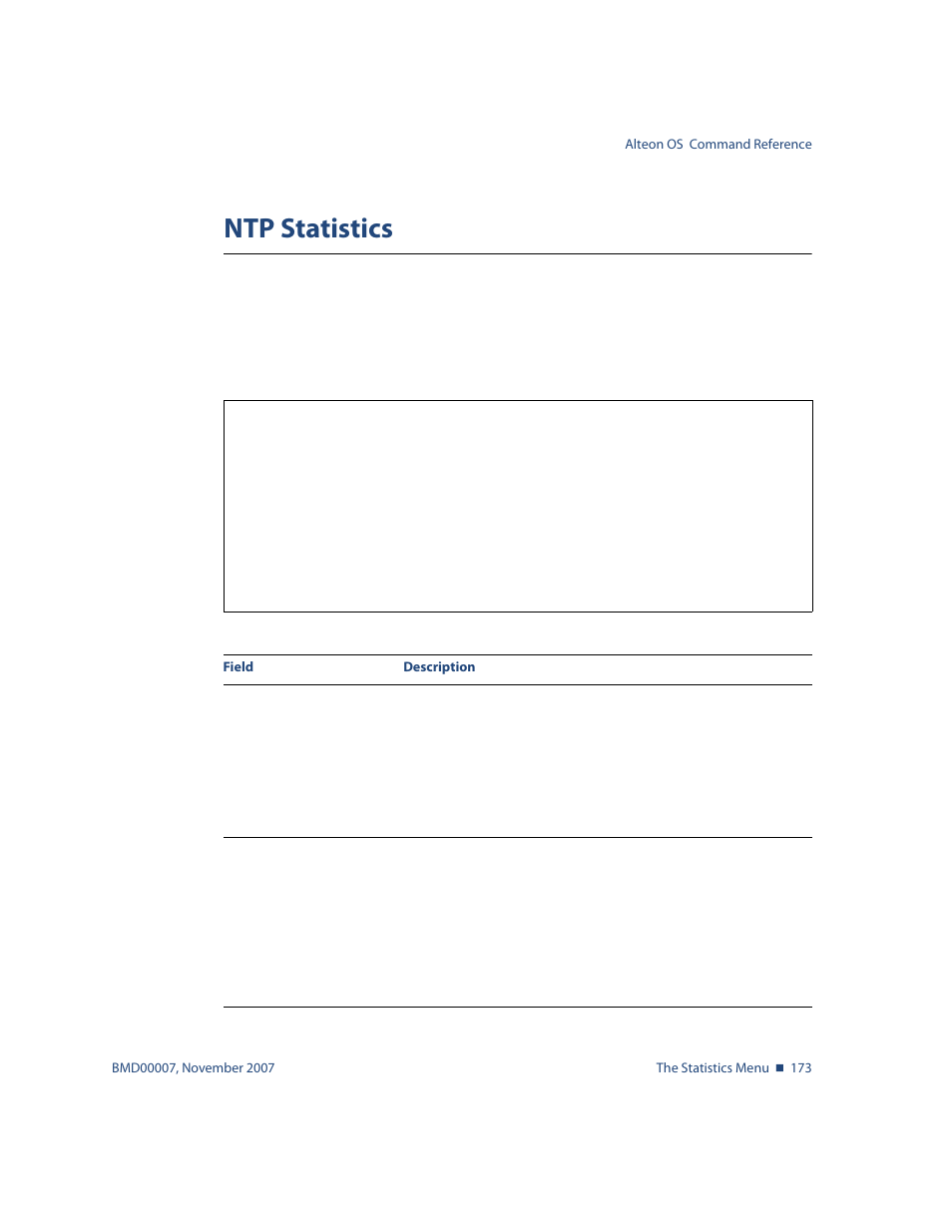 Ntp statistics, Ntp statistics 173, Stats/ntp [clear | Nortel Networks ALTEON OS BMD00007 User Manual | Page 171 / 390