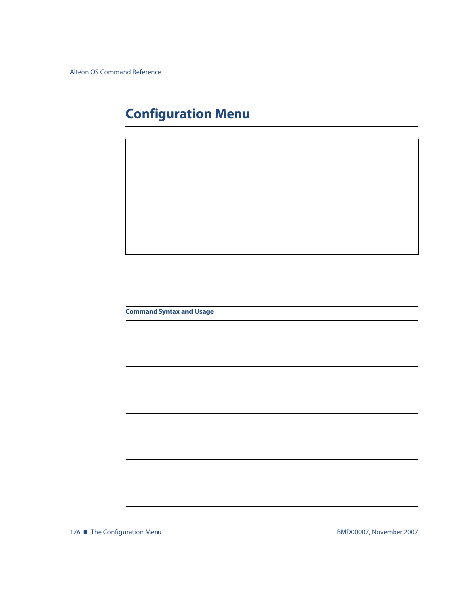 Configuration menu, Configuration menu 176 | Nortel Networks ALTEON OS BMD00007 User Manual | Page 174 / 390