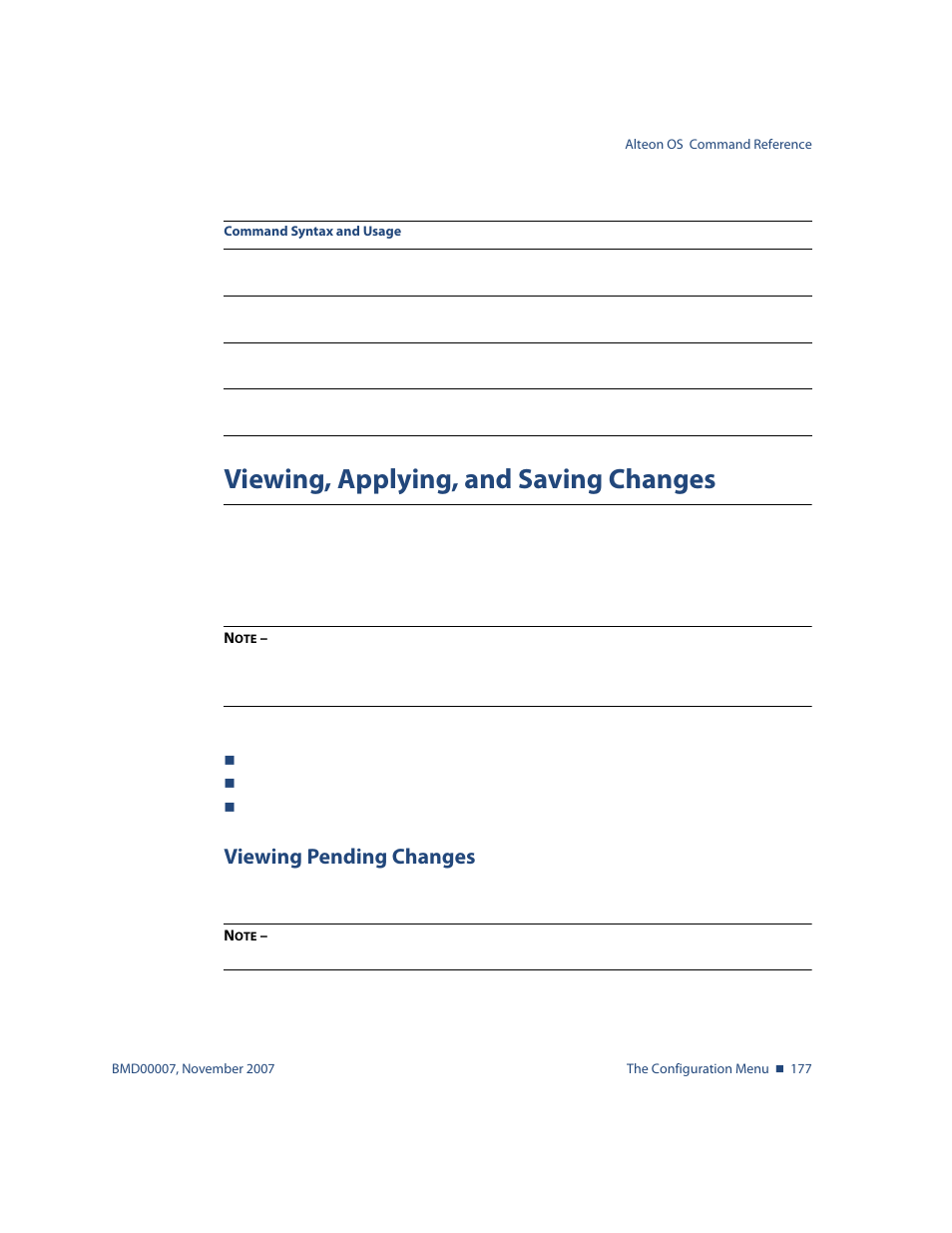 Viewing, applying, and saving changes, Viewing pending changes, Viewing, applying, and saving changes 177 | Viewing pending changes 177 | Nortel Networks ALTEON OS BMD00007 User Manual | Page 175 / 390