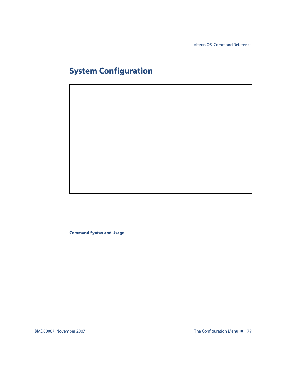 System configuration, System configuration 179, View menu options, see | Cfg/sys | Nortel Networks ALTEON OS BMD00007 User Manual | Page 177 / 390