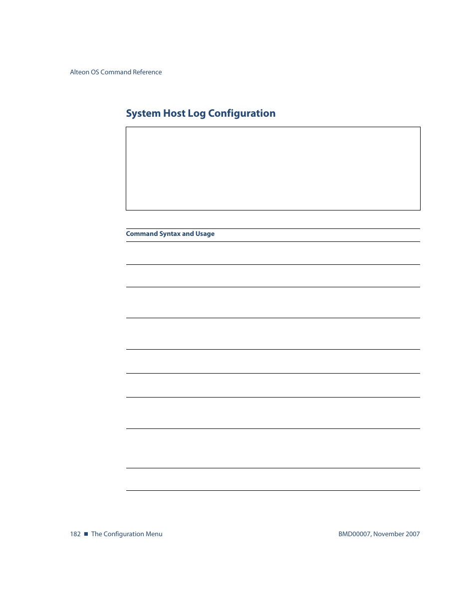 System host log configuration, System host log configuration 182, Menu options, see | Cfg/sys/syslog system host log configuration | Nortel Networks ALTEON OS BMD00007 User Manual | Page 180 / 390