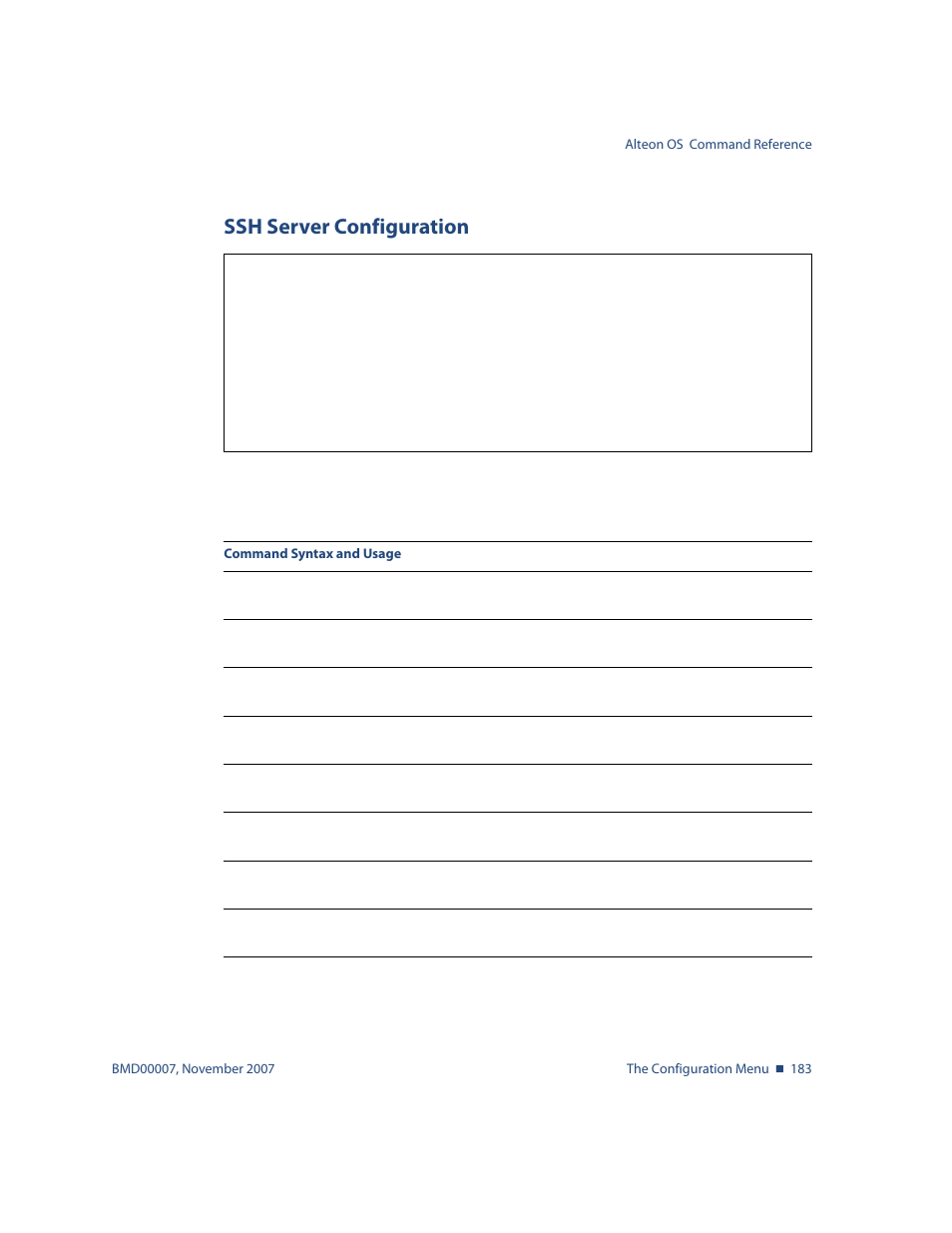 Ssh server configuration, Ssh server configuration 183, Cfg/sys/sshd ssh server configuration | Nortel Networks ALTEON OS BMD00007 User Manual | Page 181 / 390