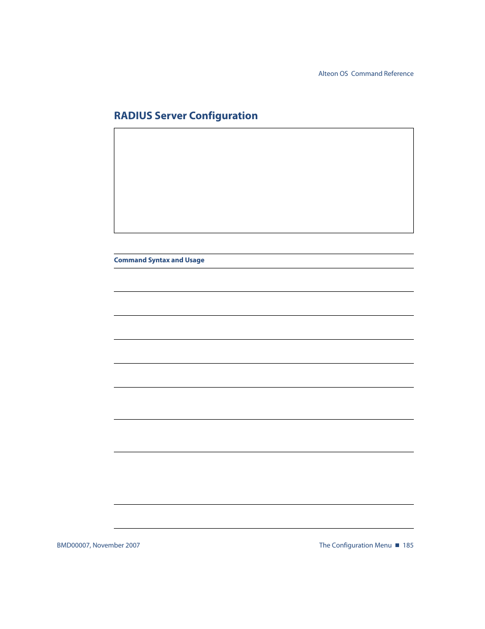 Radius server configuration, Radius server configuration 185, Cfg/sys/radius radius server configuration | Nortel Networks ALTEON OS BMD00007 User Manual | Page 183 / 390